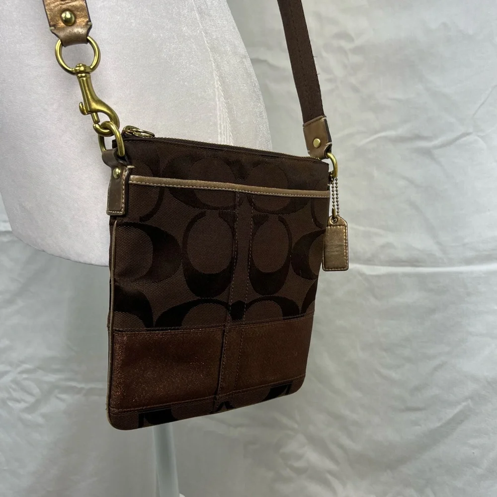Coach chocolate brown and bronze crossbody with adjustable strap. - Picture 5 of 10